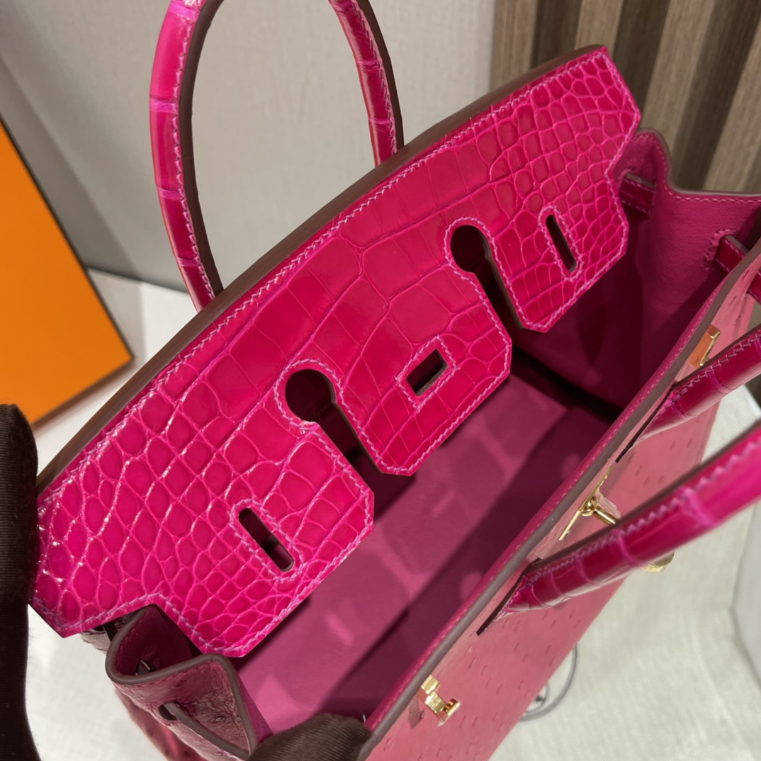 에르메스 버킨백25 티리엔 핑크 금장 타조가죽 악어가죽 핸들